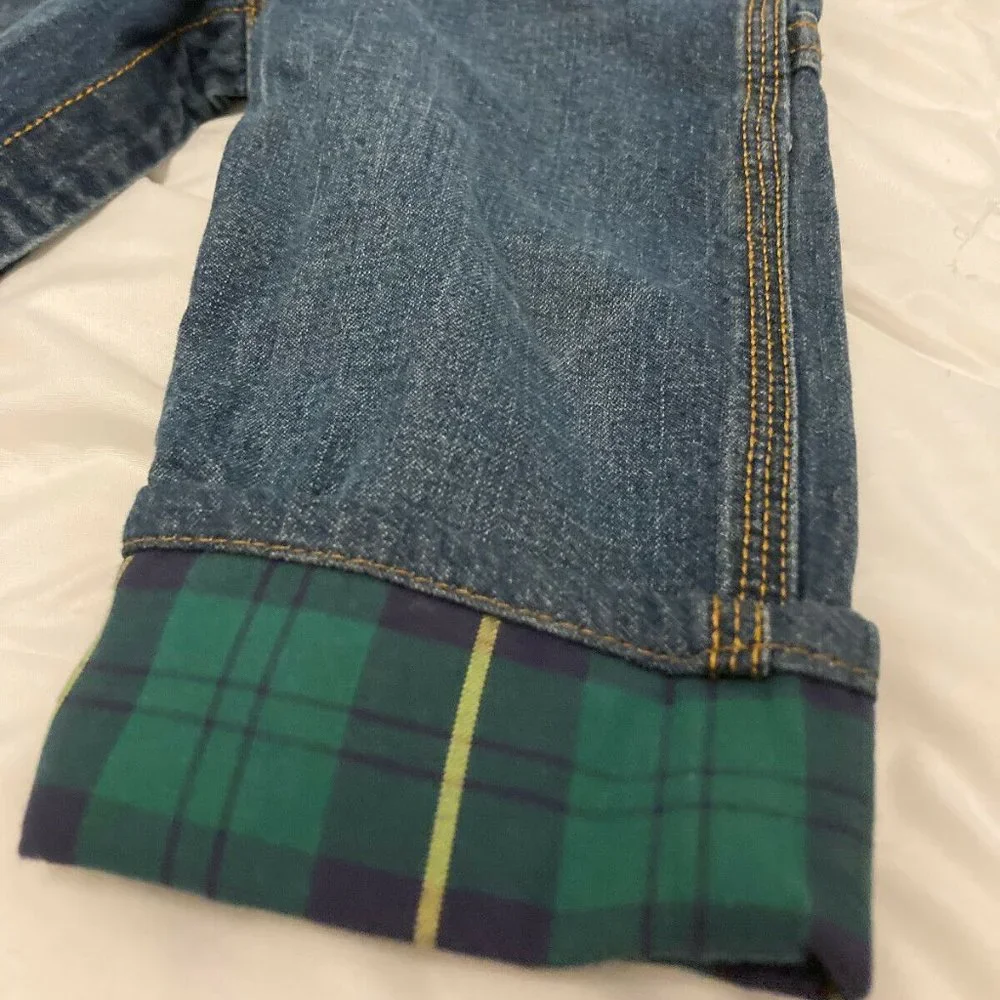 OshKosh Kids 18M Blue Jean Denim Green Plaid Check Lined Cuff Overalls
